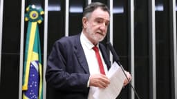 Patrus Ananias discursa na tribuna da Câmara dos Deputados, com a bandeira do Brasil ao fundo
