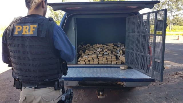 Agente da PRF observa tabletes de droga apreendidos dentro de compartimento de carga (imagem de arquivo)