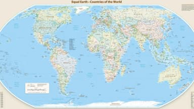 Mapa-múndi na projeção Equal Earth, que mostra o tamanho real dos continentes