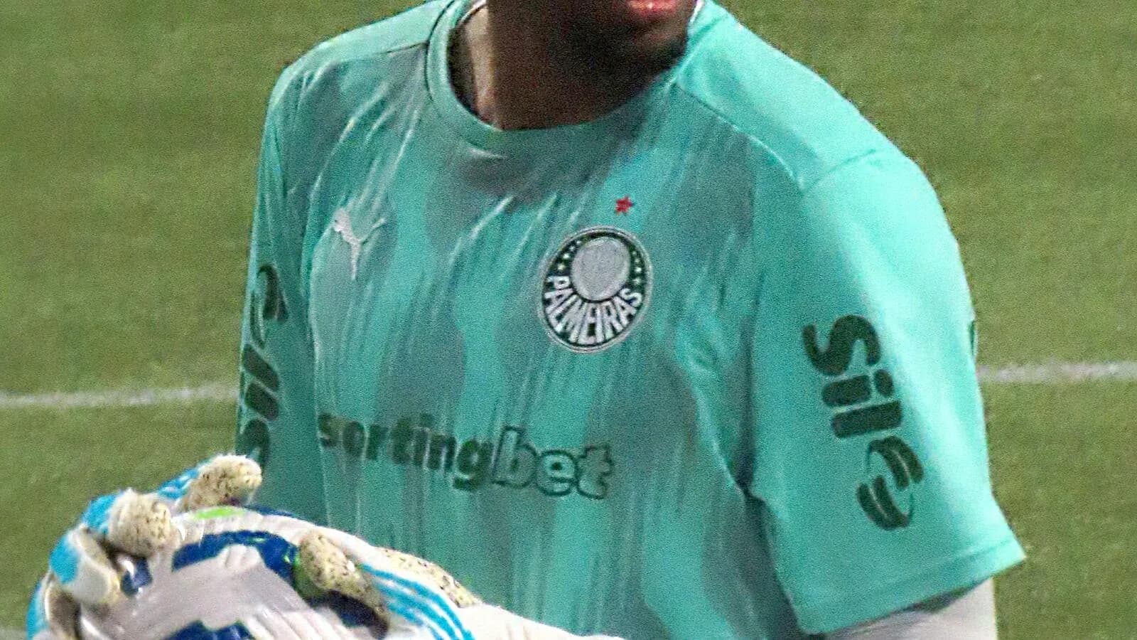 Carlos Miguel, goleiro do Palmeiras, segura a bola durante partida
