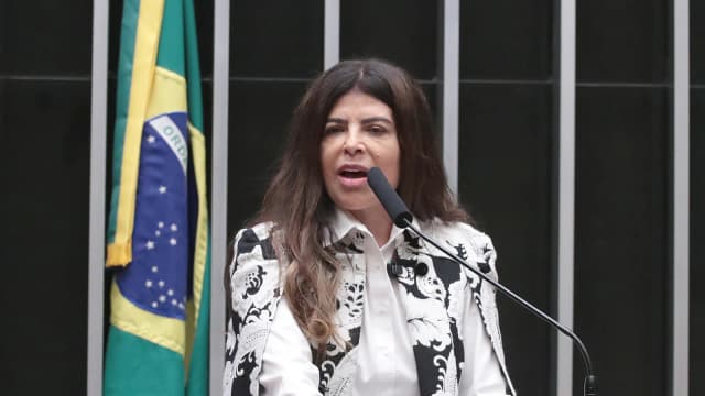 Antônia Lúcia discursa no plenário da Câmara dos Deputados, com a bandeira do Brasil ao fundo