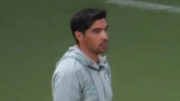 Técnico Abel Ferreira observa o jogo à beira do gramado, com o escudo do Palmeiras no agasalho