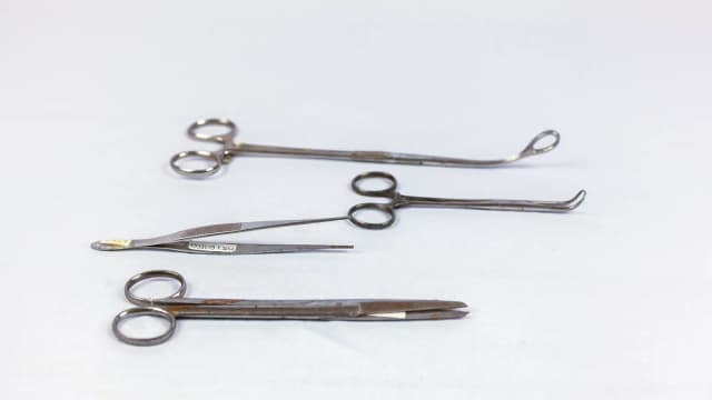 Instrumentos cirúrgicos de metal (pinças) sobre fundo branco