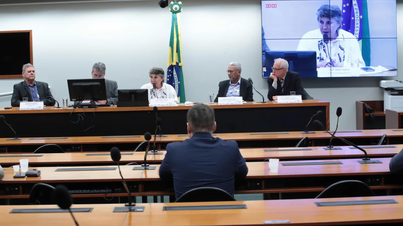 Audiência pública na Câmara dos Deputados sobre impactos nos trabalhadores demitidos da Oi, com parlamentares à mesa e tela com participação remota