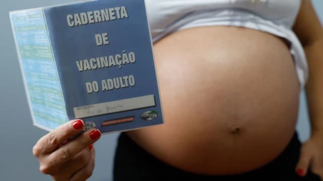 Mulher grávida segura caderneta de vacinação do adulto diante da barriga