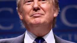 Retrato do presidente dos Estados Unidos, Donald Trump, de terno escuro e gravata azul