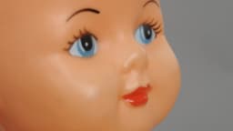 Close-up do rosto de um boneco antigo, com olhos pintados e expressão fixa