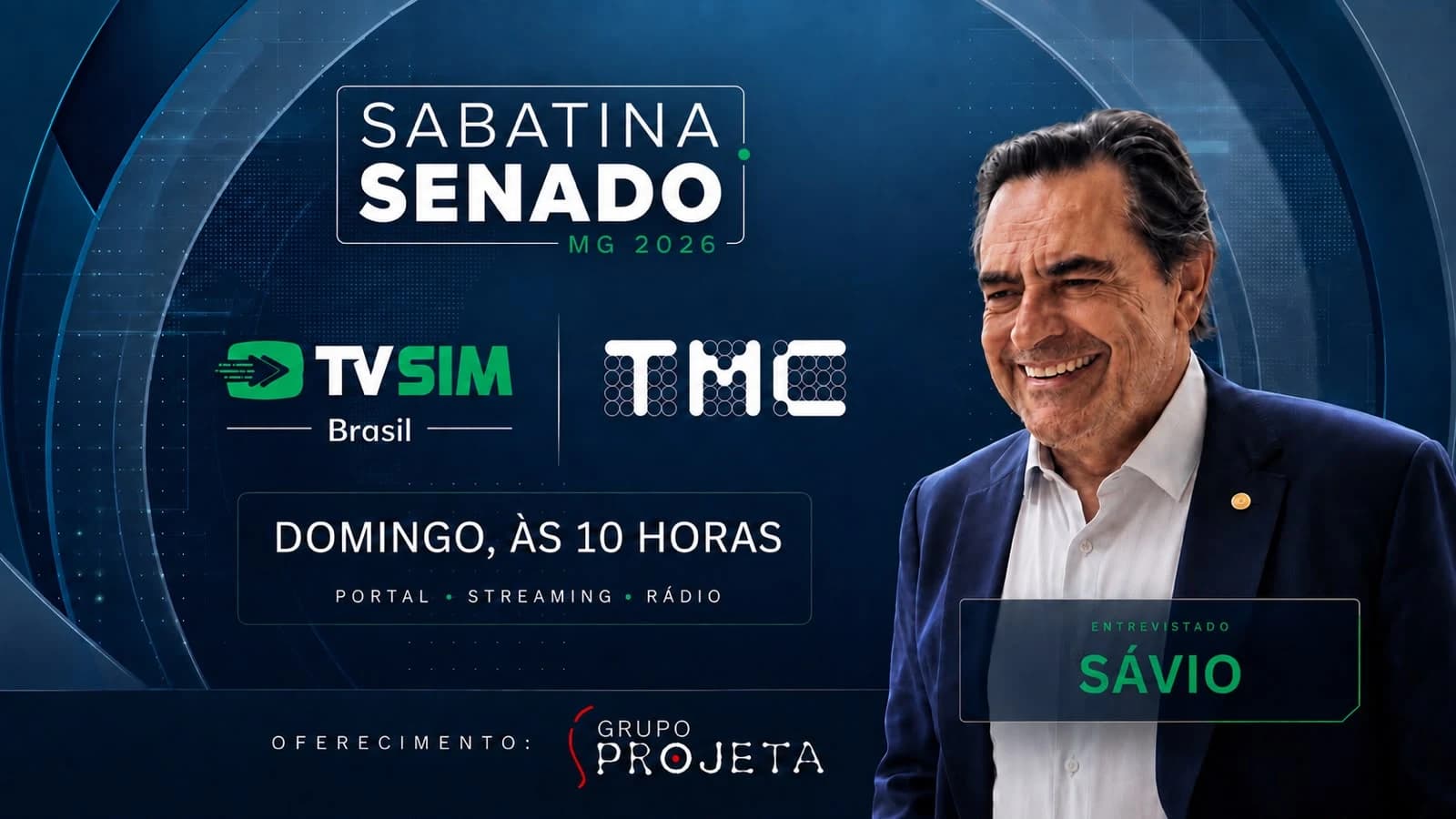 Arte da Sabatina Senado MG 2026, da TV Sim Brasil e TMC, com o entrevistado Domingos Sávio (PL)