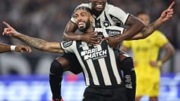 Jogadores do Botafogo comemoram gol abraçados durante partida do Brasileirão