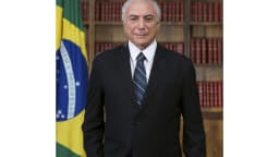 Michel Temer em retrato oficial, de terno escuro, diante da bandeira do Brasil