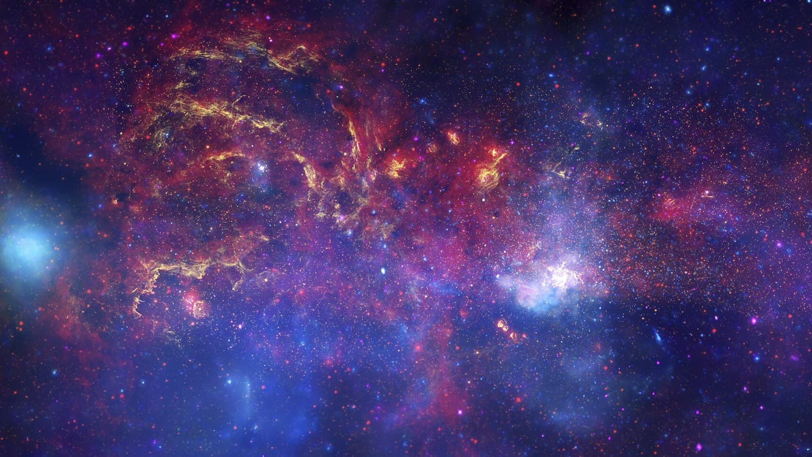 Imagem composta do centro da Via Láctea, combinando dados do Hubble, Spitzer e Chandra