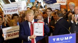 Donald Trump segura documento diante de apoiadores em evento político nos Estados Unidos