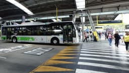Ônibus do transporte público de São Paulo em terminal com passageiros passando pela faixa de pedestres