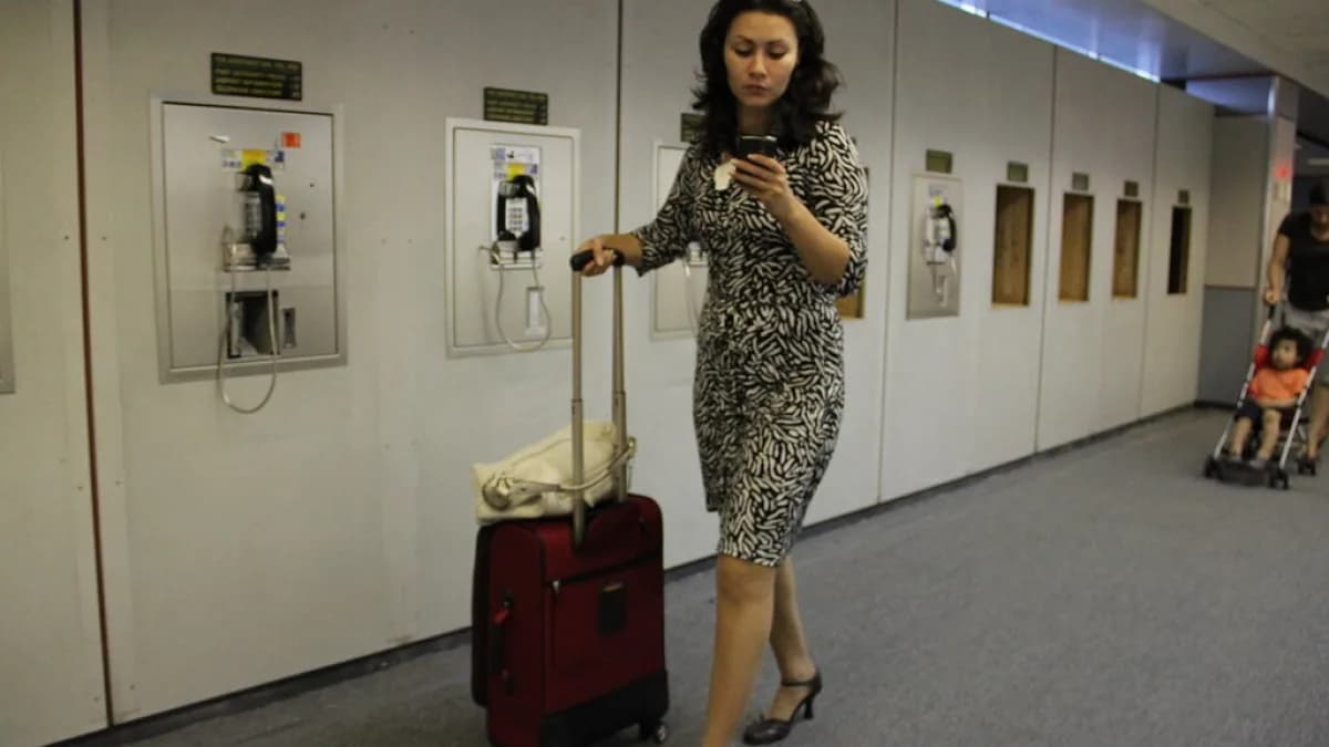 Mulher caminha com mala de viagem enquanto mexe no celular em corredor de aeroporto