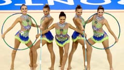 Conjunto brasileiro de ginástica rítmica se apresenta com arcos durante competição (foto de arquivo, Jogos Pan-Americanos de 2015)