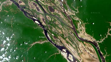 Imagem de satélite mostra bancos de areia expostos pela seca no Rio Negro, no Amazonas, em outubro de 2024