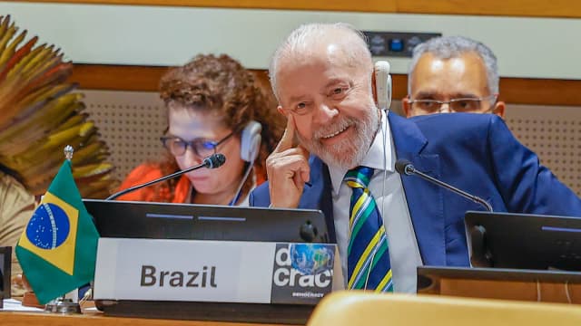 O presidente Luiz Inácio Lula da Silva durante evento internacional