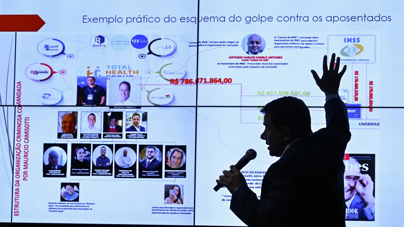 Parlamentar aponta para painel com diagrama do esquema de fraude contra aposentados do INSS na CPMI do INSS