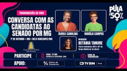 Arte de divulgação da conversa com as candidatas ao Senado por Minas Gerais Áurea Carolina e Marília Campos, com mediação de Betânia Tanure