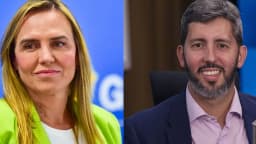 Montagem com os retratos de Celina Leão e Leandro Grass, candidatos ao governo do Distrito Federal no 2º turno de 2026