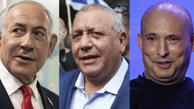 Montagem com os candidatos Benjamin Netanyahu, Gadi Eisenkot e Naftali Bennett, protagonistas da eleição parlamentar de Israel
