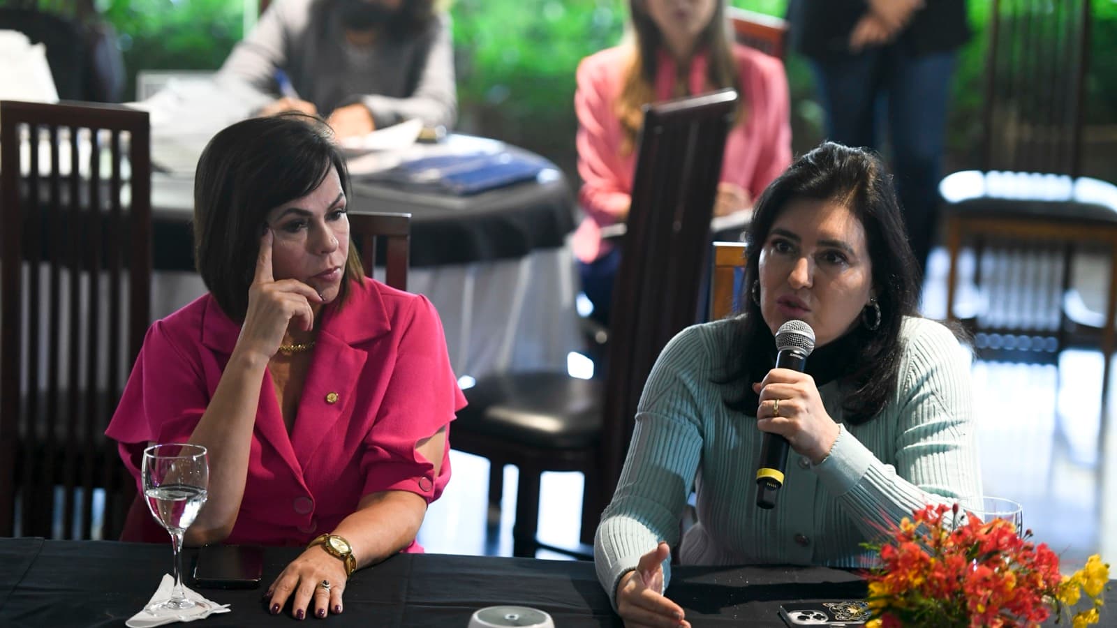 Simone Tebet fala ao microfone sentada a uma mesa, ao lado da deputada Dorinha Seabra Rezende, em encontro da Bancada Feminina no Senado. Imagem de arquivo de dezembro de 2022.
