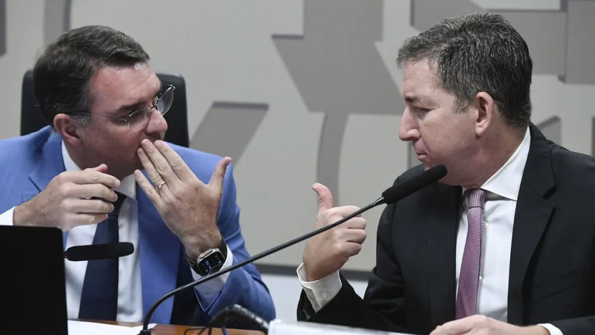 Senador Flávio Bolsonaro fala ao microfone durante audiência na Comissão de Segurança Pública do Senado