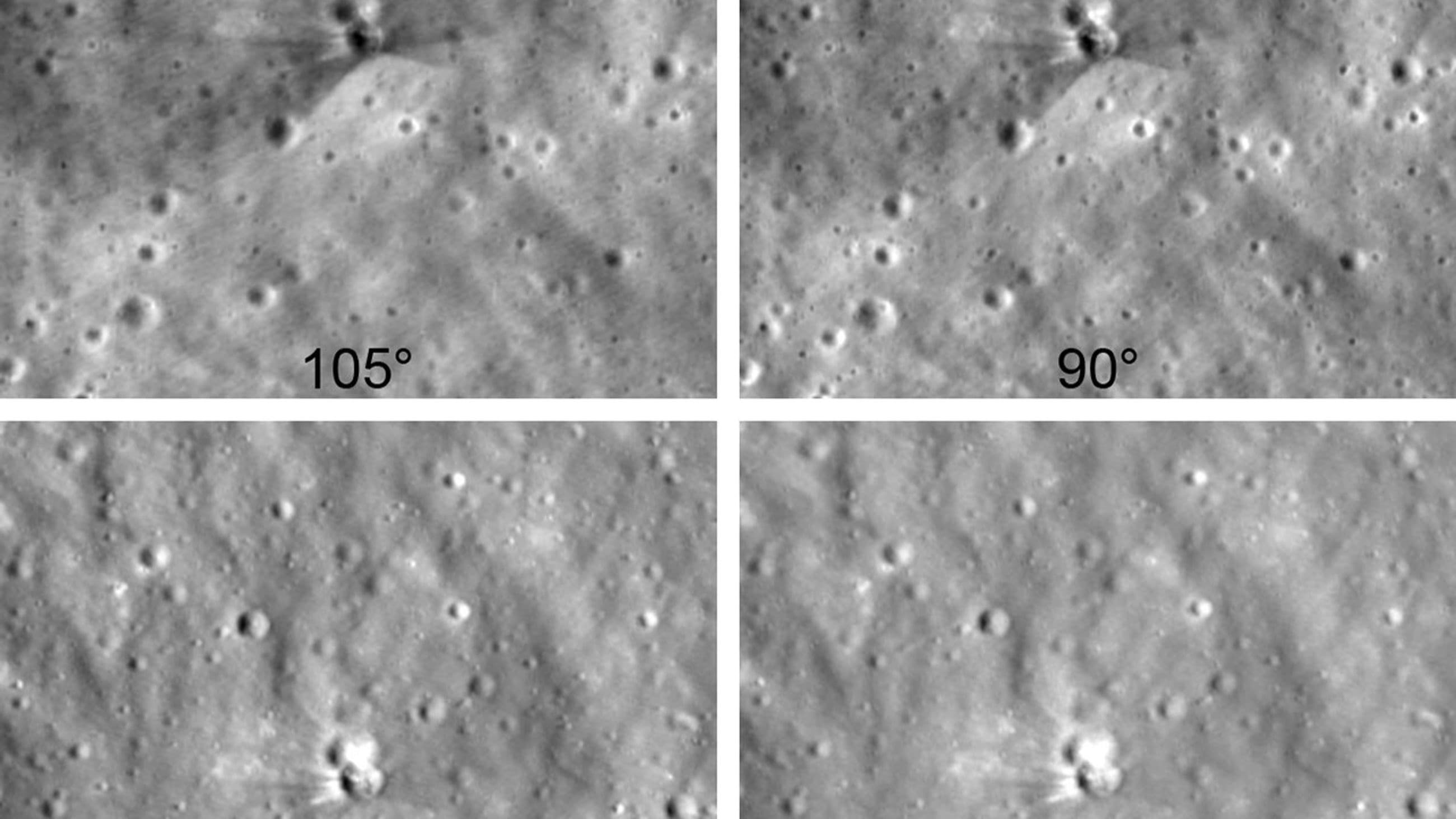 Imagens da sonda LRO, da Nasa, mostram a cratera deixada por um estágio do foguete Falcon 9 na superfície da Lua, sob quatro ângulos de luz solar diferentes