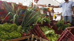 Vendedor entrega produto a cliente em feira livre