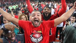 Torcedores do Flamengo comemoram com os braços erguidos nas arquibancadas