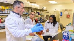Cientistas de jaleco branco analisam frasco em laboratório de produção de vacinas de mRNA, foto de arquivo