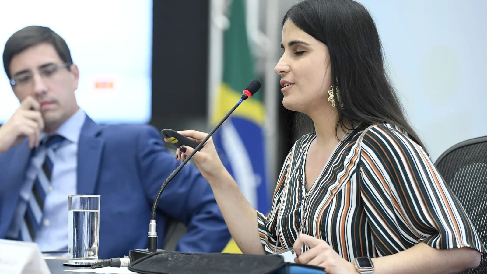 Painelista fala ao microfone ao lado de outro participante durante evento sobre acessibilidade e inclusão, com bandeira do Brasil ao fundo