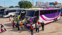 Fiscais e passageiros ao lado de ônibus apreendidos em operação da ANTT contra transporte clandestino
