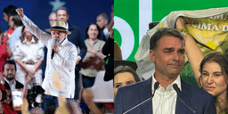 Montagem com o presidente Lula discursando em evento de sua candidatura à reeleição, à esquerda, e o senador Flávio Bolsonaro discursando na convenção que oficializou sua candidatura, à direita