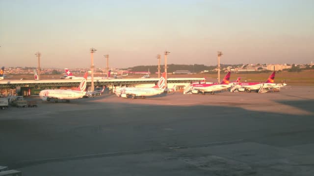 Vista panorâmica do pátio de aeronaves do Aeroporto Internacional de São Paulo-Guarulhos