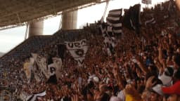 Torcida do Botafogo com bandeiras e cores do clube no estádio
