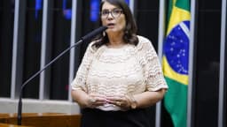 Bia Kicis discursa em plenário com microfone, com a bandeira do Brasil ao fundo