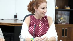Retrato de Carla Zambelli em gabinete, com bandeira do Brasil ao fundo