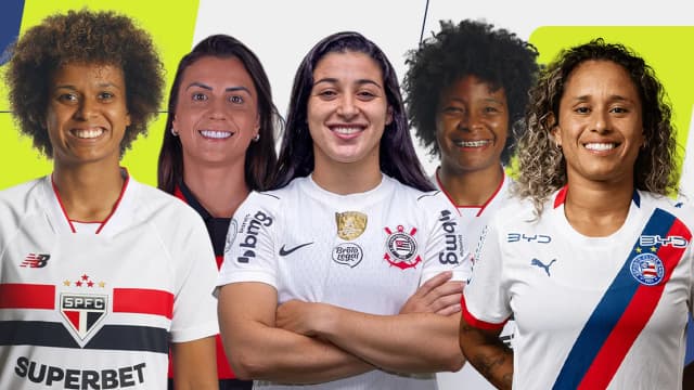 Jogadoras do futebol feminino brasileiro posam juntas com uniformes de seus clubes