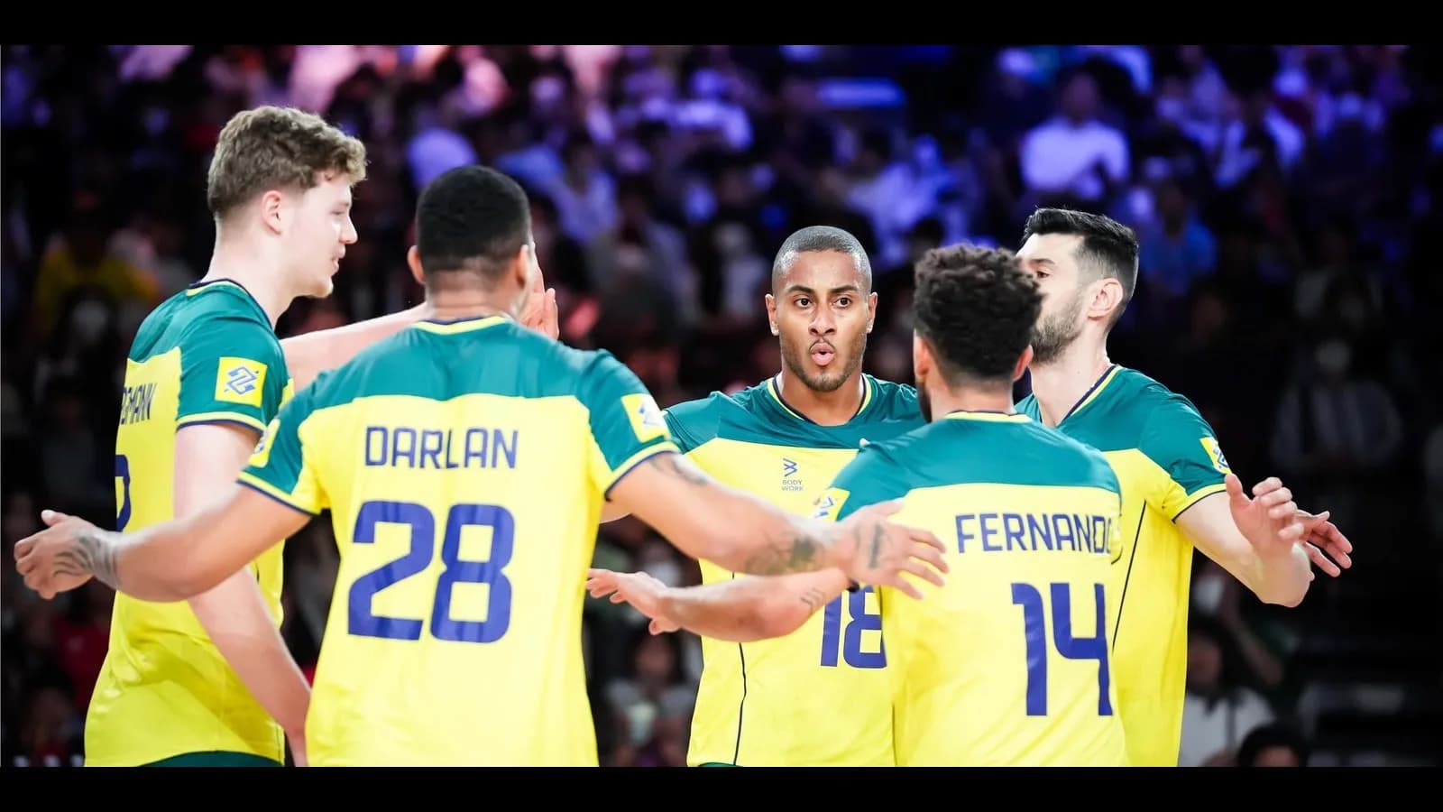 Jogadores da seleção brasileira de vôlei masculino comemoram ponto em quadra, foto de arquivo