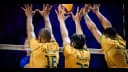 Bloqueio da seleção brasileira de vôlei masculino com Lucarelli, Flávio e Darlan, foto de arquivo da Liga das Nações