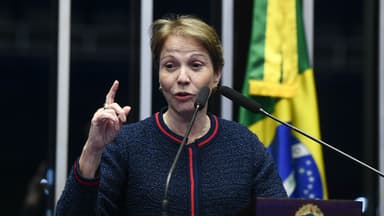 A senadora Tereza Cristina discursa na tribuna do plenário do Senado, com a bandeira do Brasil ao fundo, em foto de arquivo de fevereiro de 2025