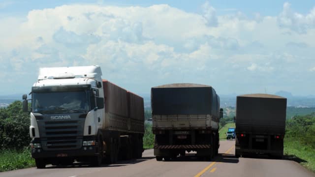 Caminhões carregados de grãos em fila em rodovia de Mato Grosso durante escoamento de safra