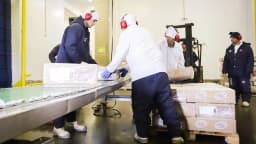 Trabalhadores embalam caixas de frango em linha de produção para exportação, foto de arquivo
