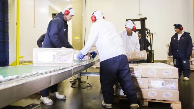 Trabalhadores embalam caixas de frango em linha de produção para exportação, foto de arquivo