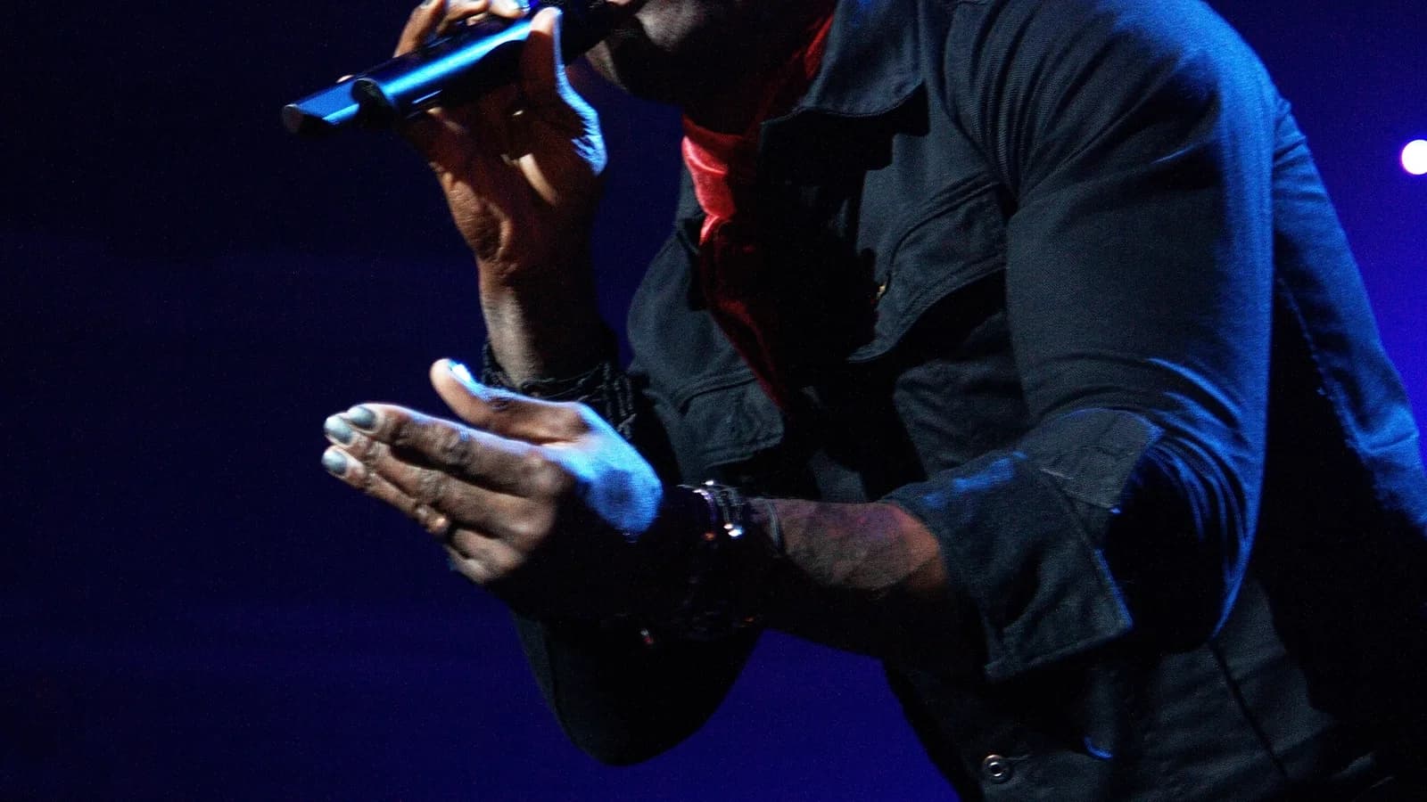 Cantor Seal se apresentando ao vivo em show, com microfone