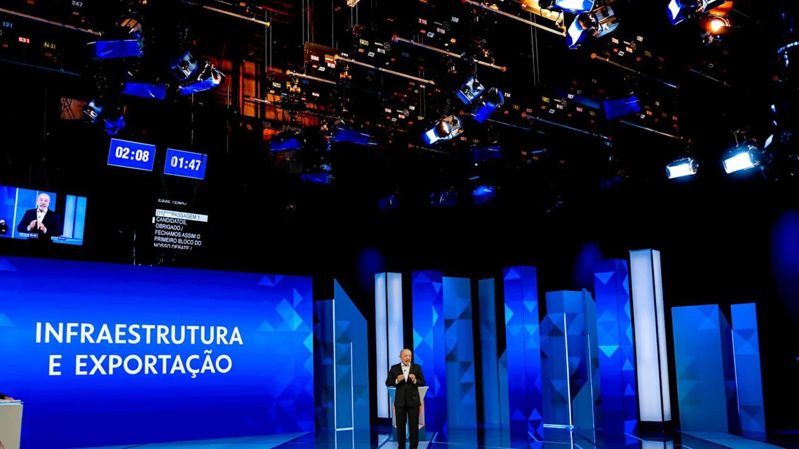 Estúdio do debate presidencial da TV Globo, com telões, cronômetros e um dos candidatos ao fundo