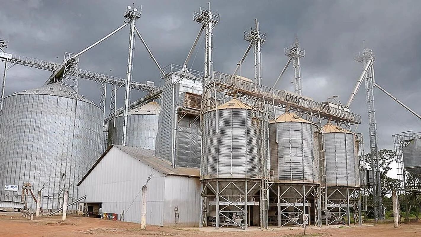 Silos de armazenagem de grãos em unidade rural, usados para estocar soja e outros cereais