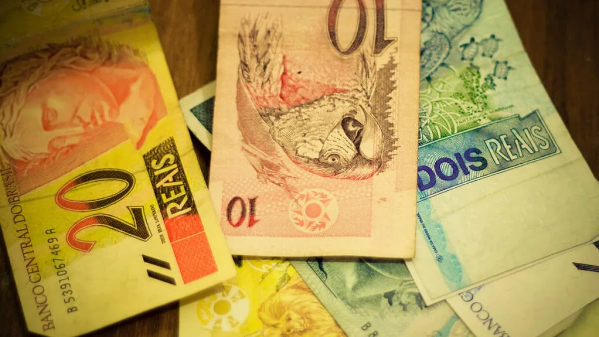 Notas de real de várias cores espalhadas sobre uma mesa