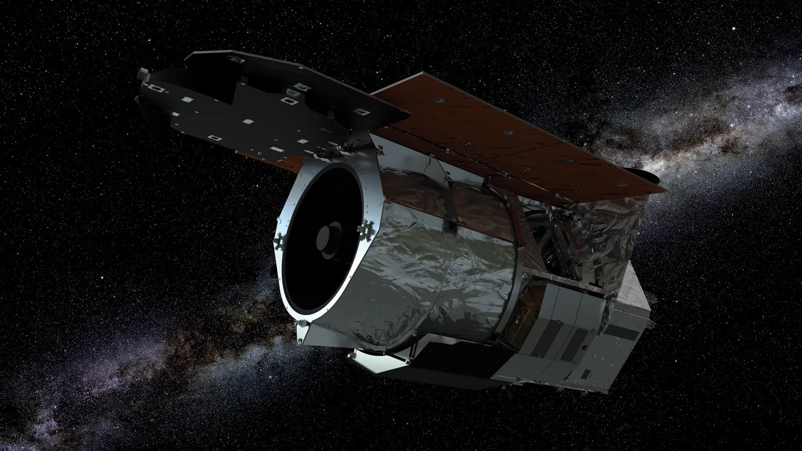 Ilustração do telescópio espacial Nancy Grace Roman, da Nasa, em órbita